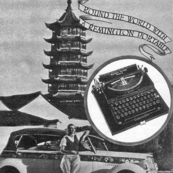 Vintage Remington Portable typewriter advertisement with car.