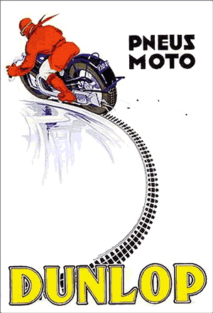 Motorcyclist on Dunlop tire advertisement poster.