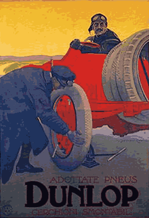 Vintage Dunlop tire advertisement with car scene.
